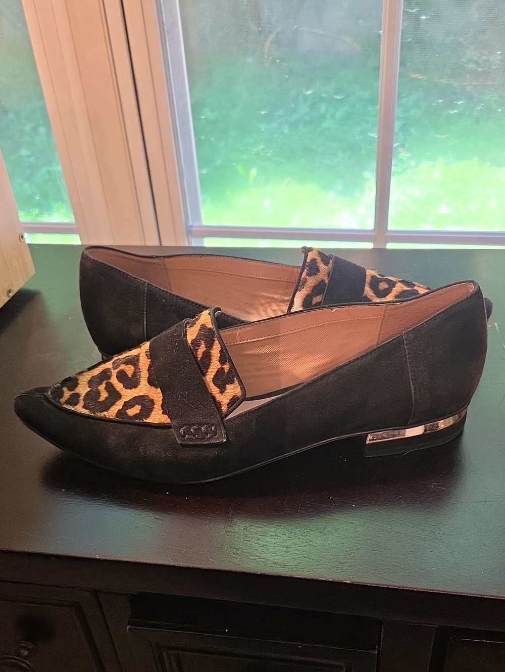 Black Suede Pointed-Toe Loafers with Leopard Print Accent Size 9 - Upper Leather